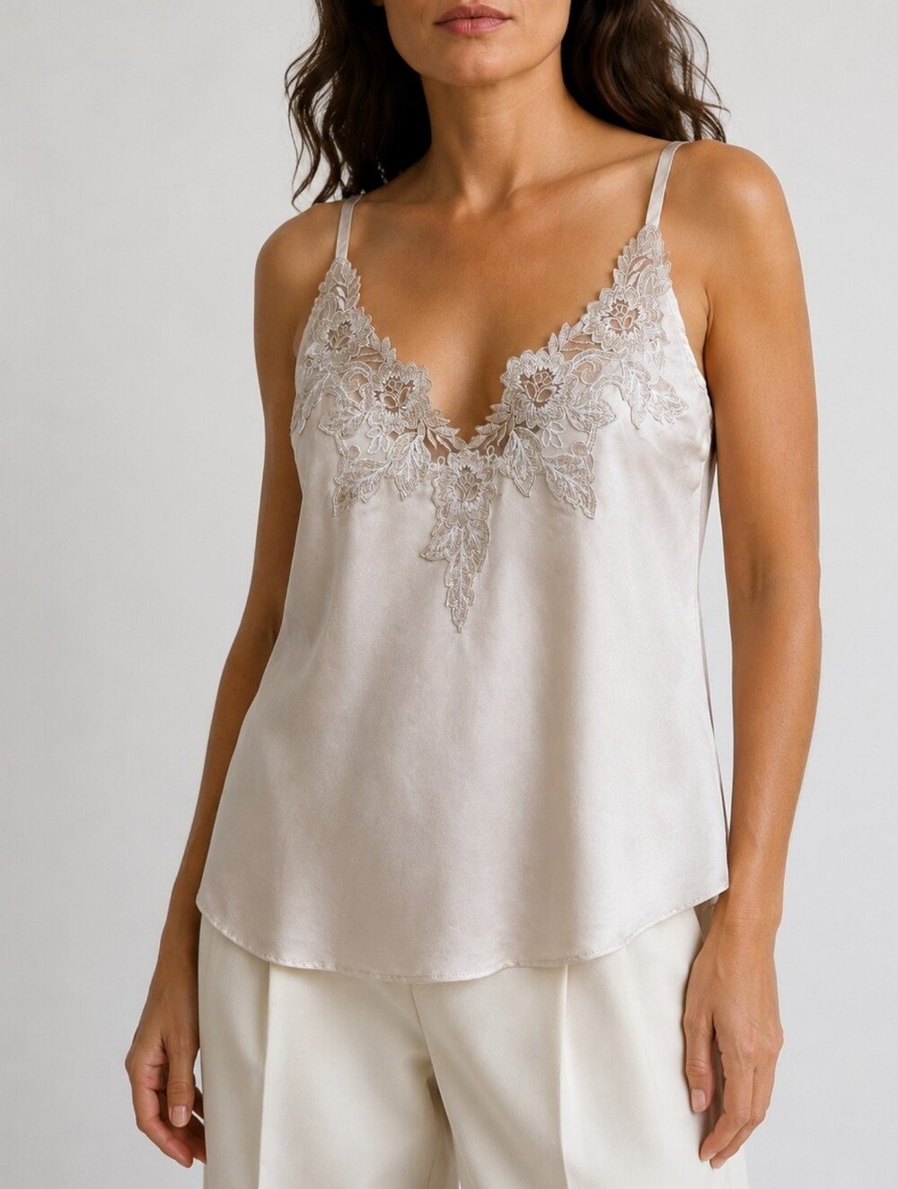 100% Silk Floral Lace Appliqué Camisole Champagne Bridal Quiet Luxury SilkSilky